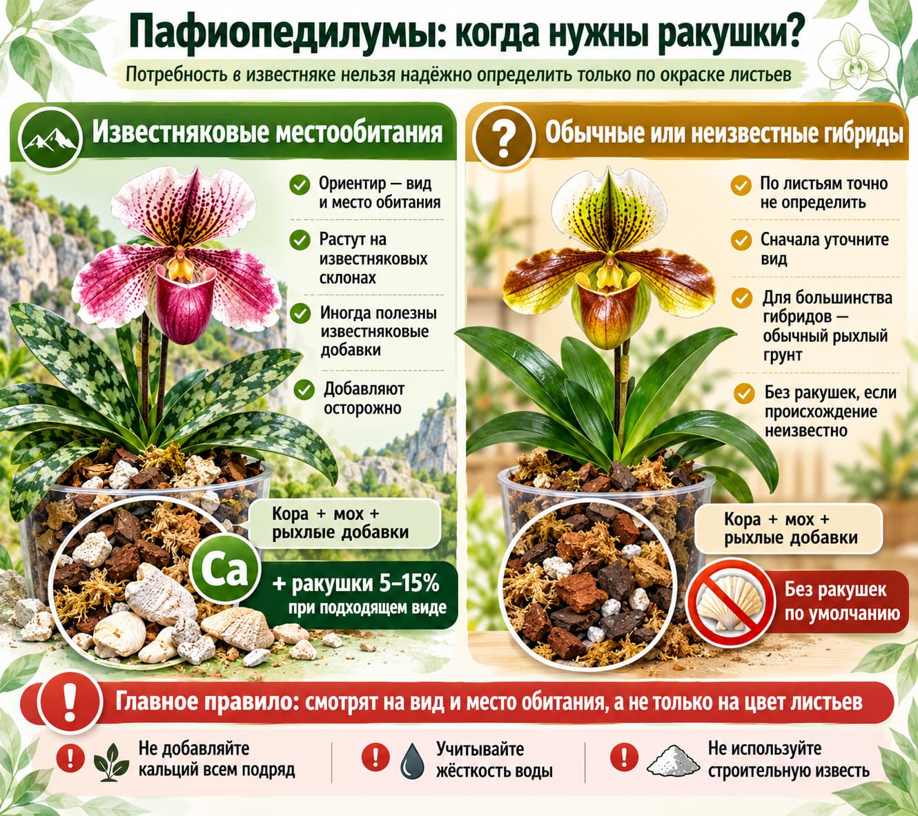 Пафиопедилумы и выбор грунта: когда добавлять ракушки и известняк с учётом вида орхидеи и природного местообитания