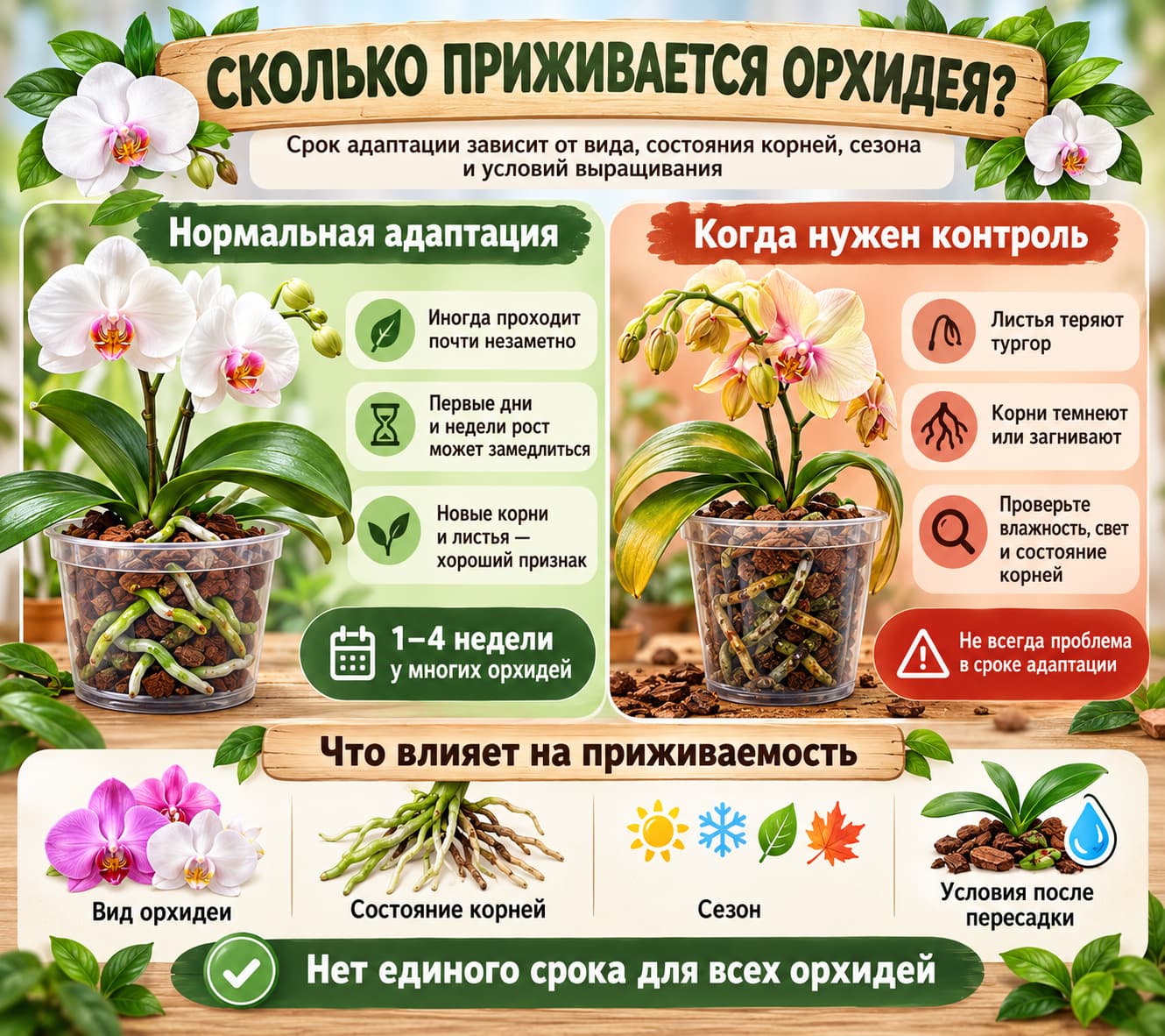 сколько приживается орхидея после пересадки